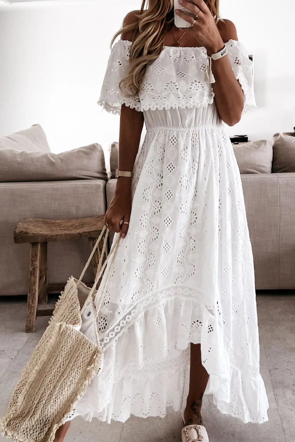 Off Shoulder Eyelet Lace Maxi Dress White / XL