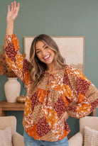 Autumn Patchwork Boho Blouse in Rust - Charming Charlie
