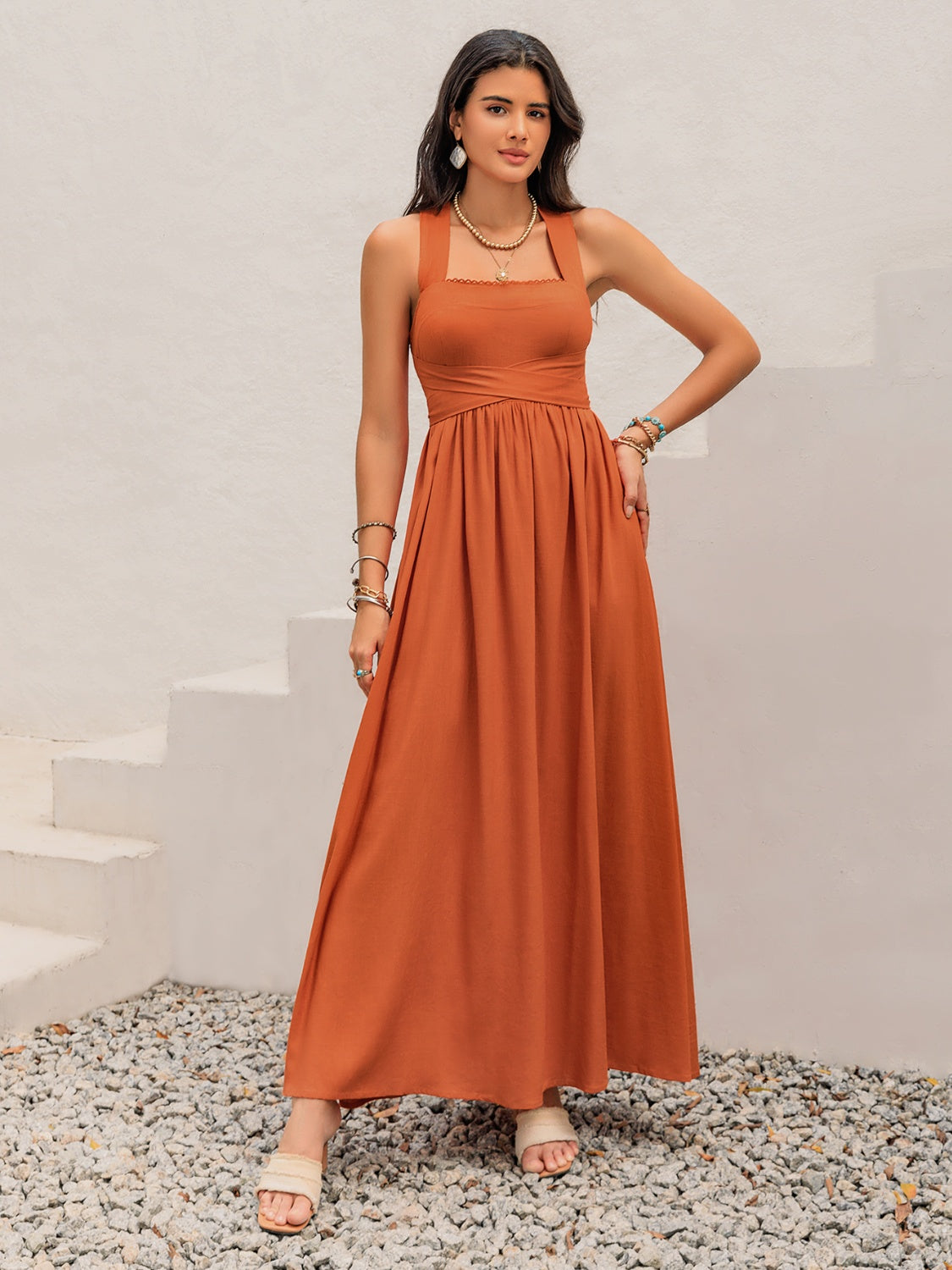 Crisscross Back Smocked Square Neck Maxi Dress – Charming Charlie