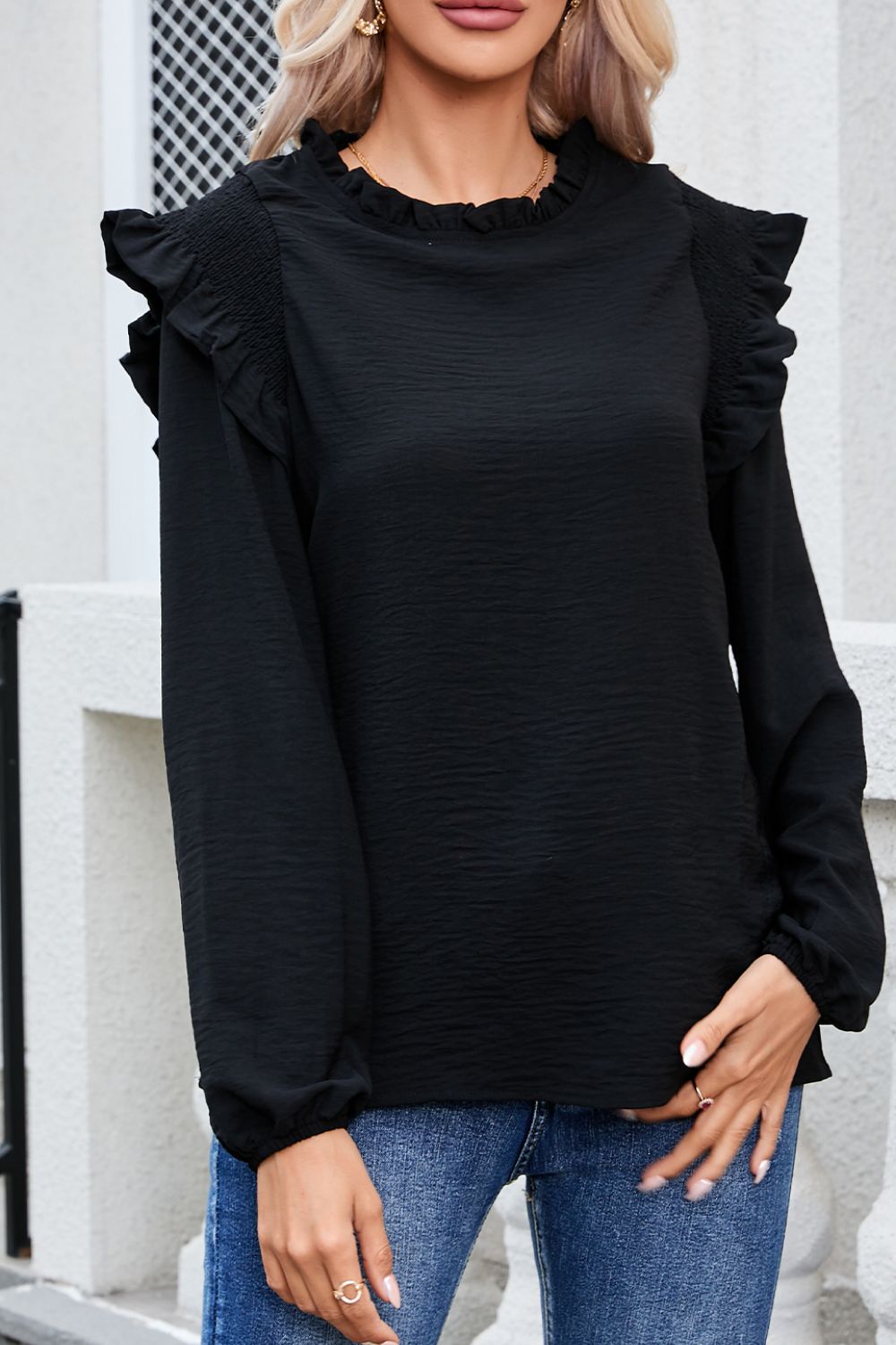 Frill Mock Neck Ruffled Balloon Sleeve Blouse - Charming Charlie