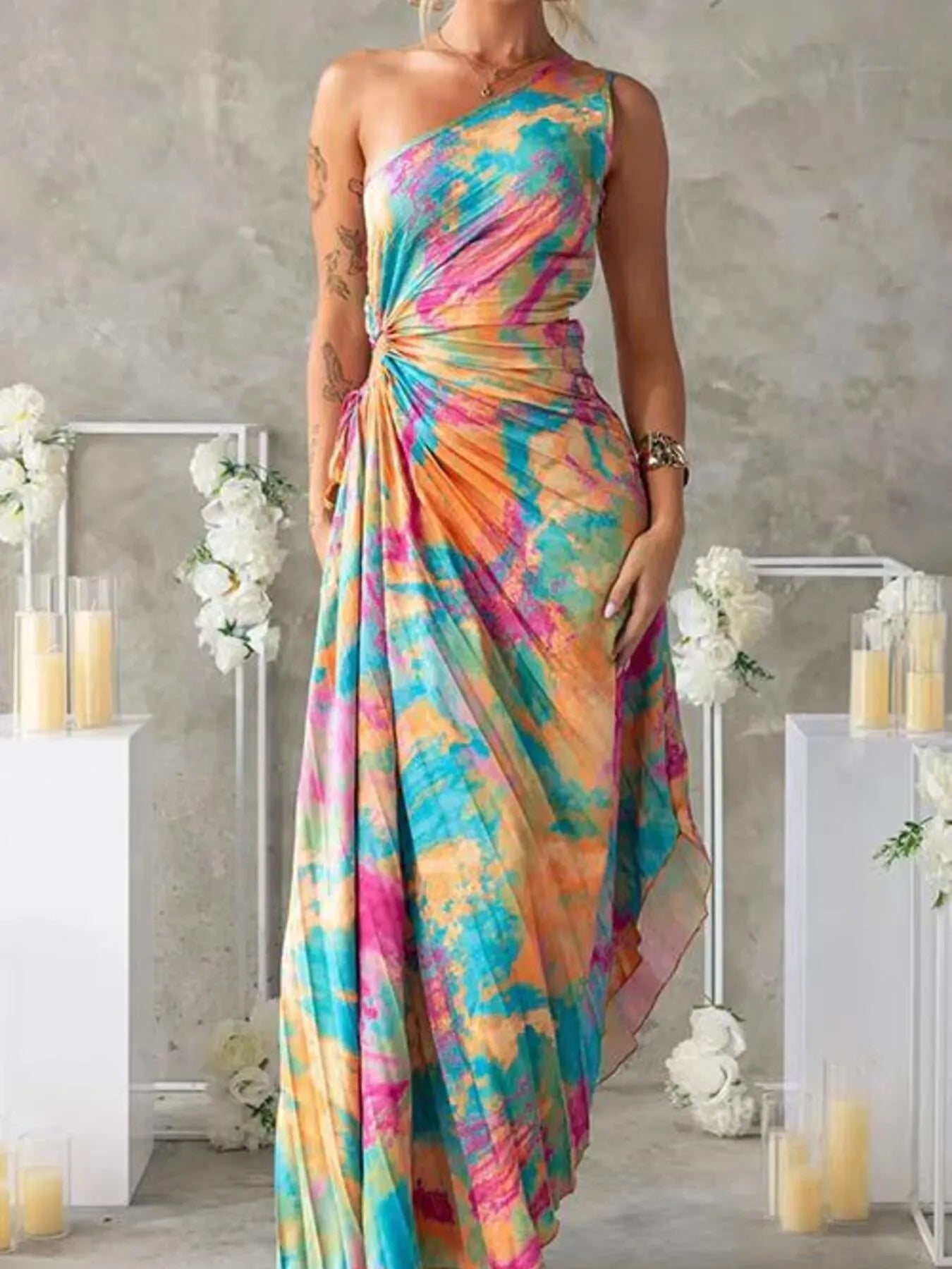 Printed One Shoulder Asymmetrical Maxi Dress Red / XL