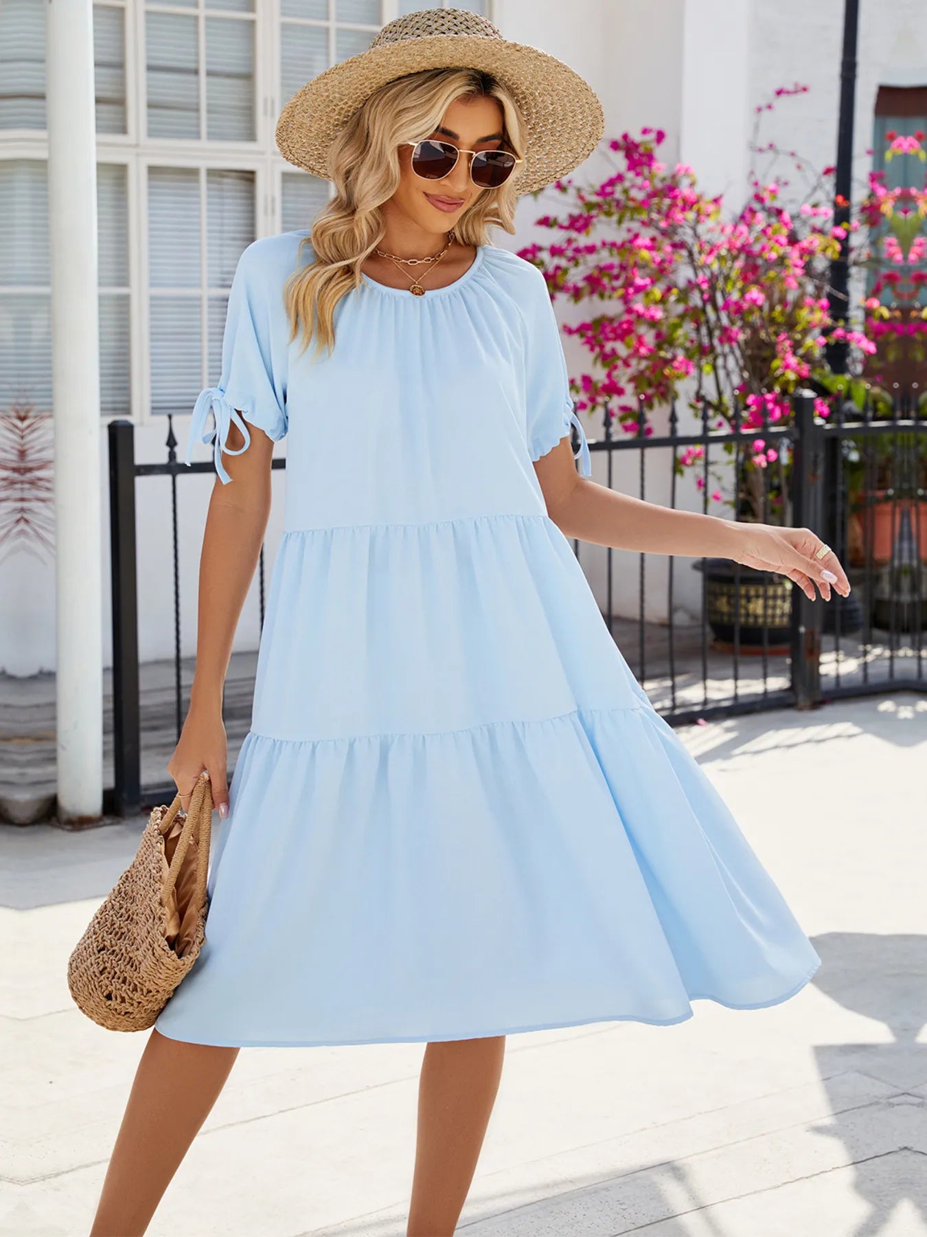 tiered summer dress Tiered Round Neck Summer Dress Light Blue / L