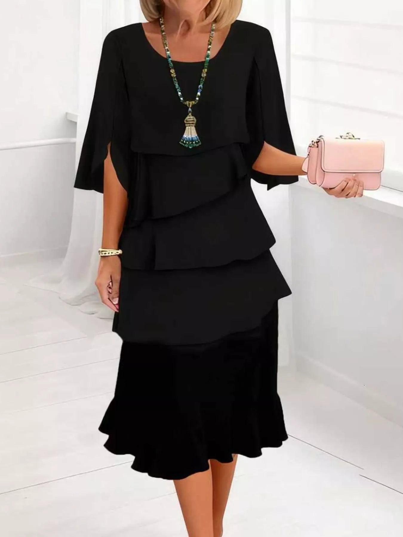 knee length dresses for ladies Full Size Ruffle Layered Flutter Sleeve Dress Plus Size – Charming Charlie