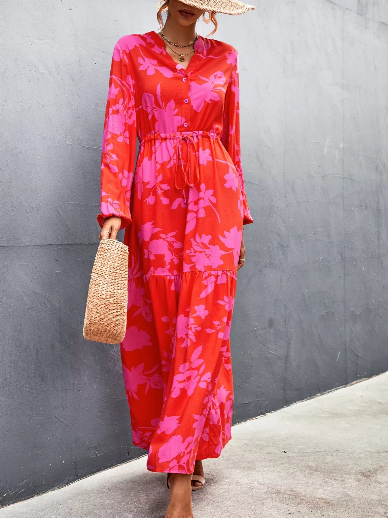 Wholesale MOQ6 Floral Drawstring Waist Long Sleeve Dress