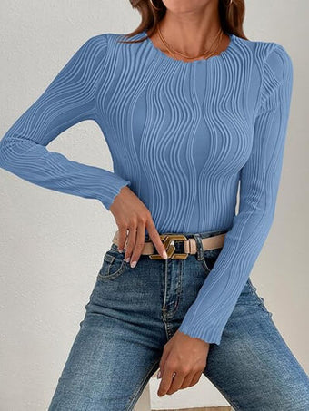 Textured Round Neck Long Sleeve Blouse
