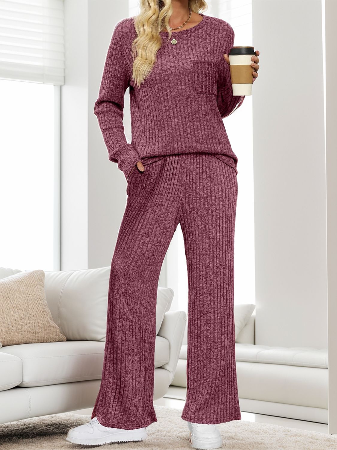 Round Neck Long Sleeve Top and Pants Set - Charming Charlie