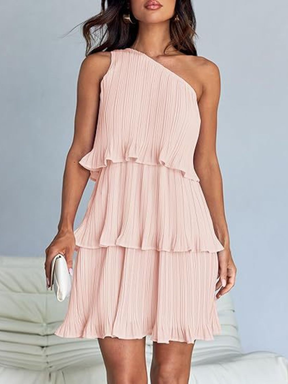Layered Single Shoulder Mini Dress Blush Pink / XL