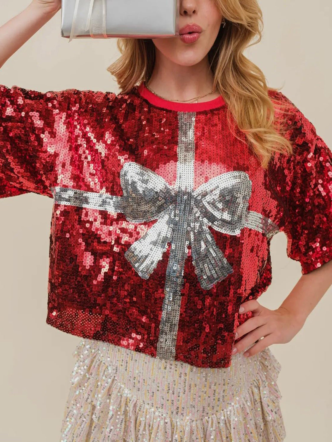 Sequin Bow Graphic Round Neck Half Sleeve T-Shirt - Charming Charlie