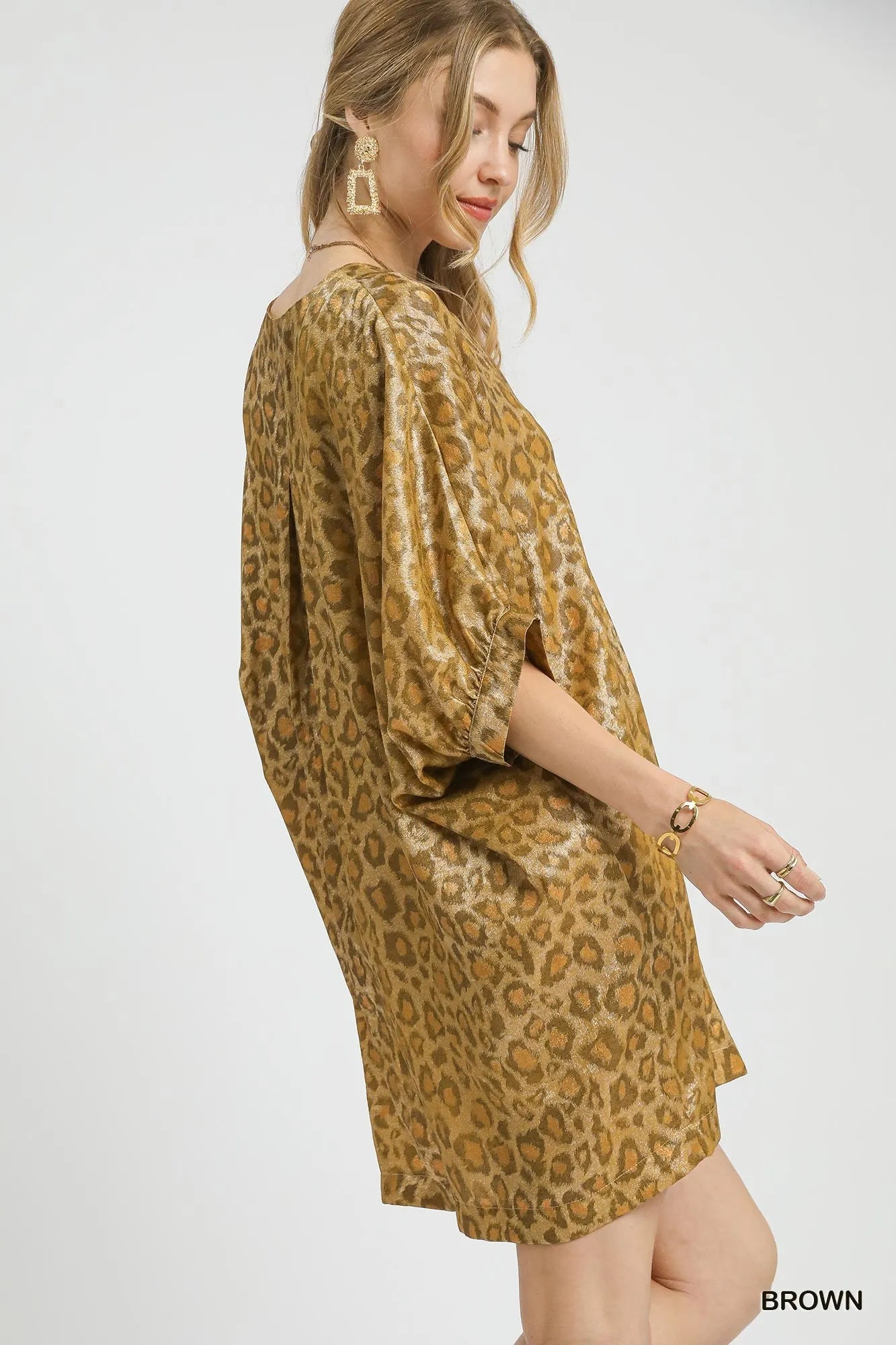 Montret Umgee Metallic Leopard Print V-Neck Kimono Dress Brown / M Montret Umgee Metallic Leopard Print V-Neck Kimono Dress Brown / M