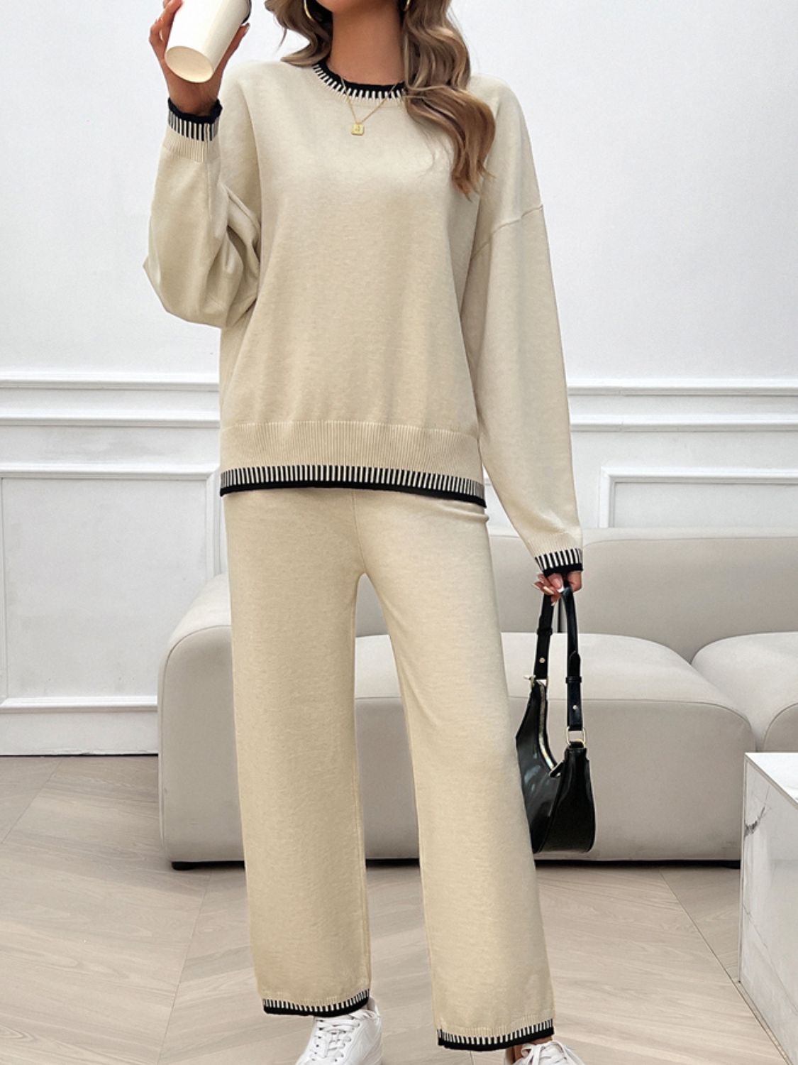 Round Neck Dropped Shoulder Top and Pants Sweater Set - Charming Charlie