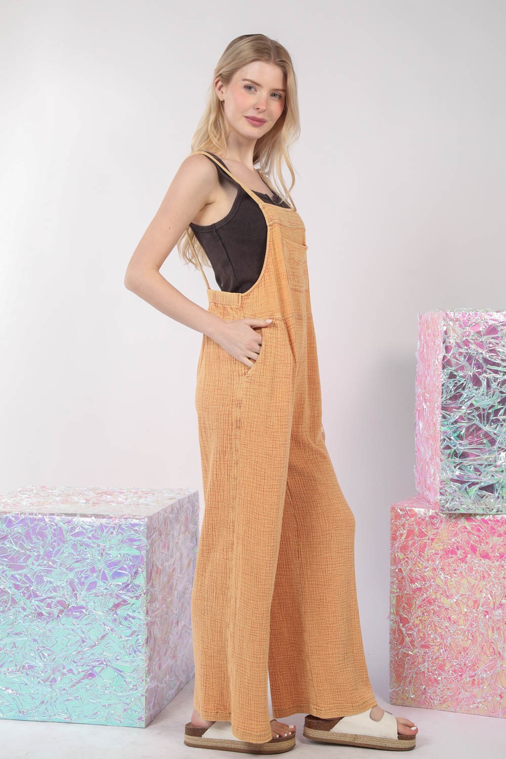 VERY J Texture Washed Wide Leg Overalls - Charming Charlie