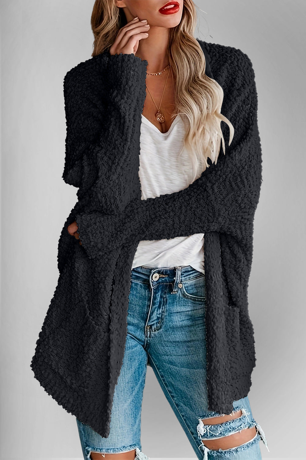 Double Take Pocketed Open Front Long Sleeve Cardigan - Charming Charlie