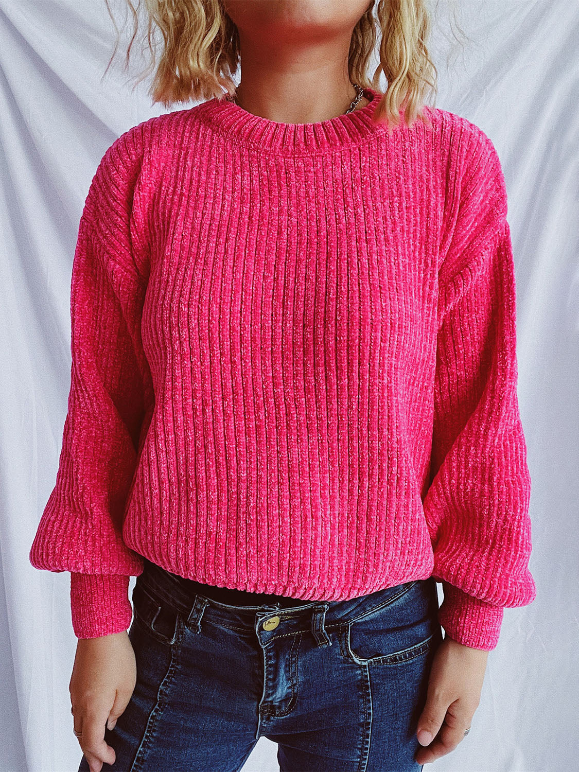 Round Neck Dropped Shoulder Long Sleeve Sweater - Charming Charlie