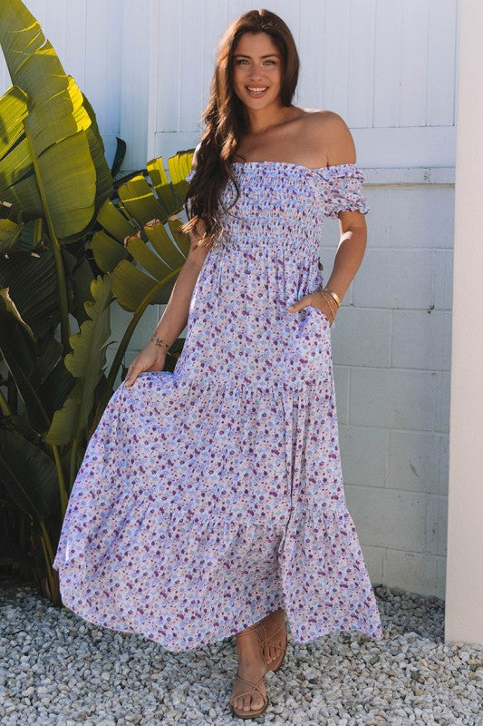 Purple Floral Short Bubble Sleeve Shirred High Waist Maxi Dress Purple / S / 100%Polyester