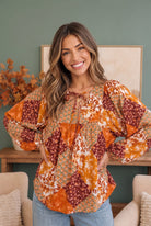 Autumn Patchwork Boho Blouse in Rust - Charming Charlie