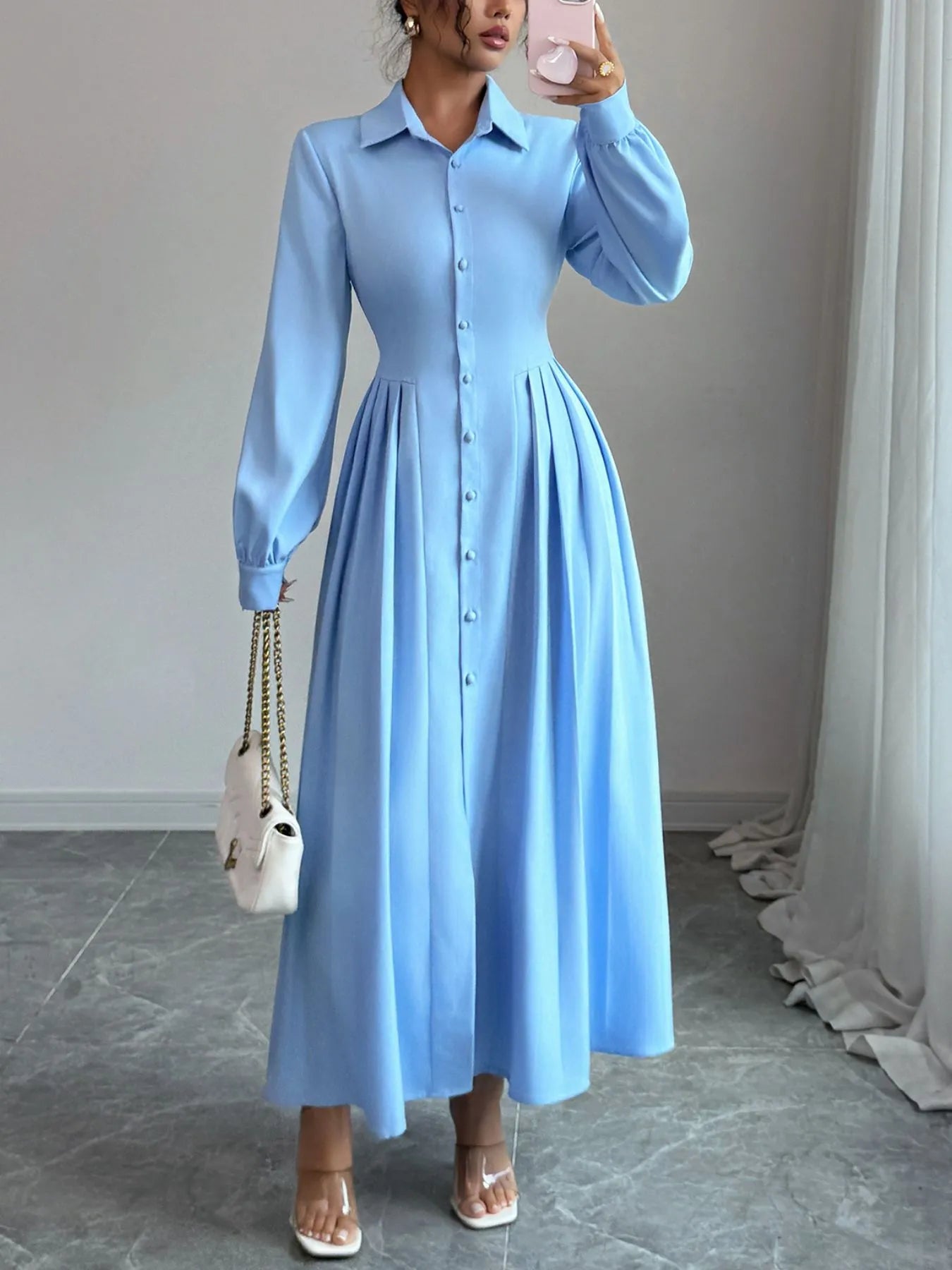 knee length dresses for ladies Green Stripe Belted Button Front Maxi Shirt Dress - All Dresses