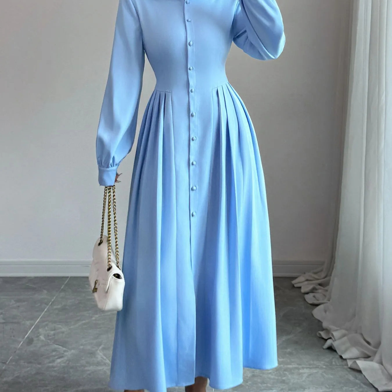 blue maxi shirt dress Navy Maxi Shirt Dress in Cotton Blend with A-Line Pleats and Puff Sleeves 5882 Navy / XS