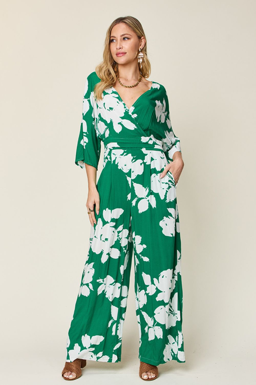 Double Take Full Size Printed Tie Back Wide Leg Jumpsuit - Charming Charlie