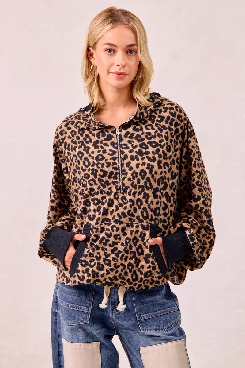 BiBi Leopard Print Waffle Half Zip Up Hoodie W Pocket – Charming