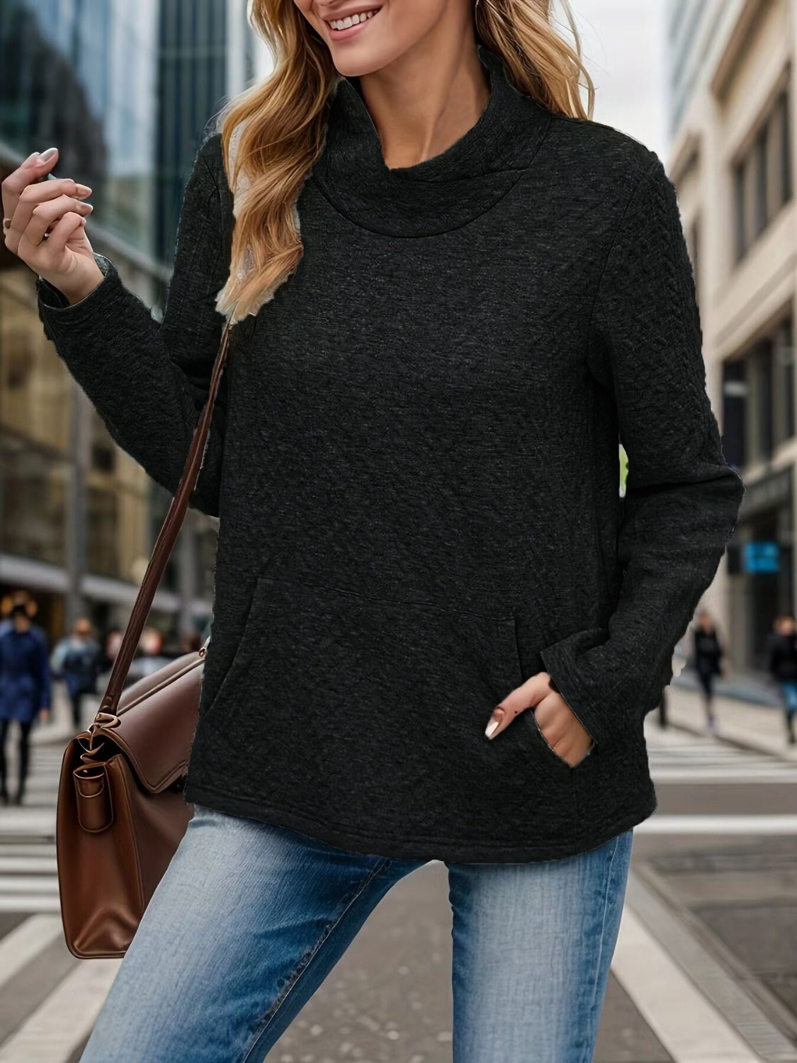 Pocketed Turtleneck Long Sleeve Sweatshirt - Charming Charlie