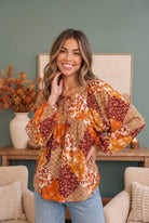 Autumn Patchwork Boho Blouse in Rust - Charming Charlie