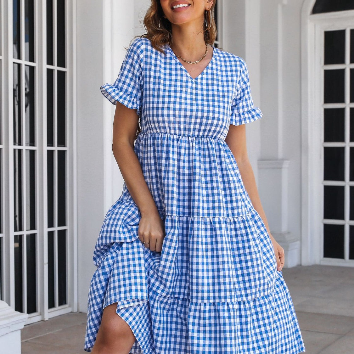 Plaid V-Neck Short Sleeve Midi Dress Blue / M Plaid V-Neck Short Sleeve Midi Dress Blue / M
