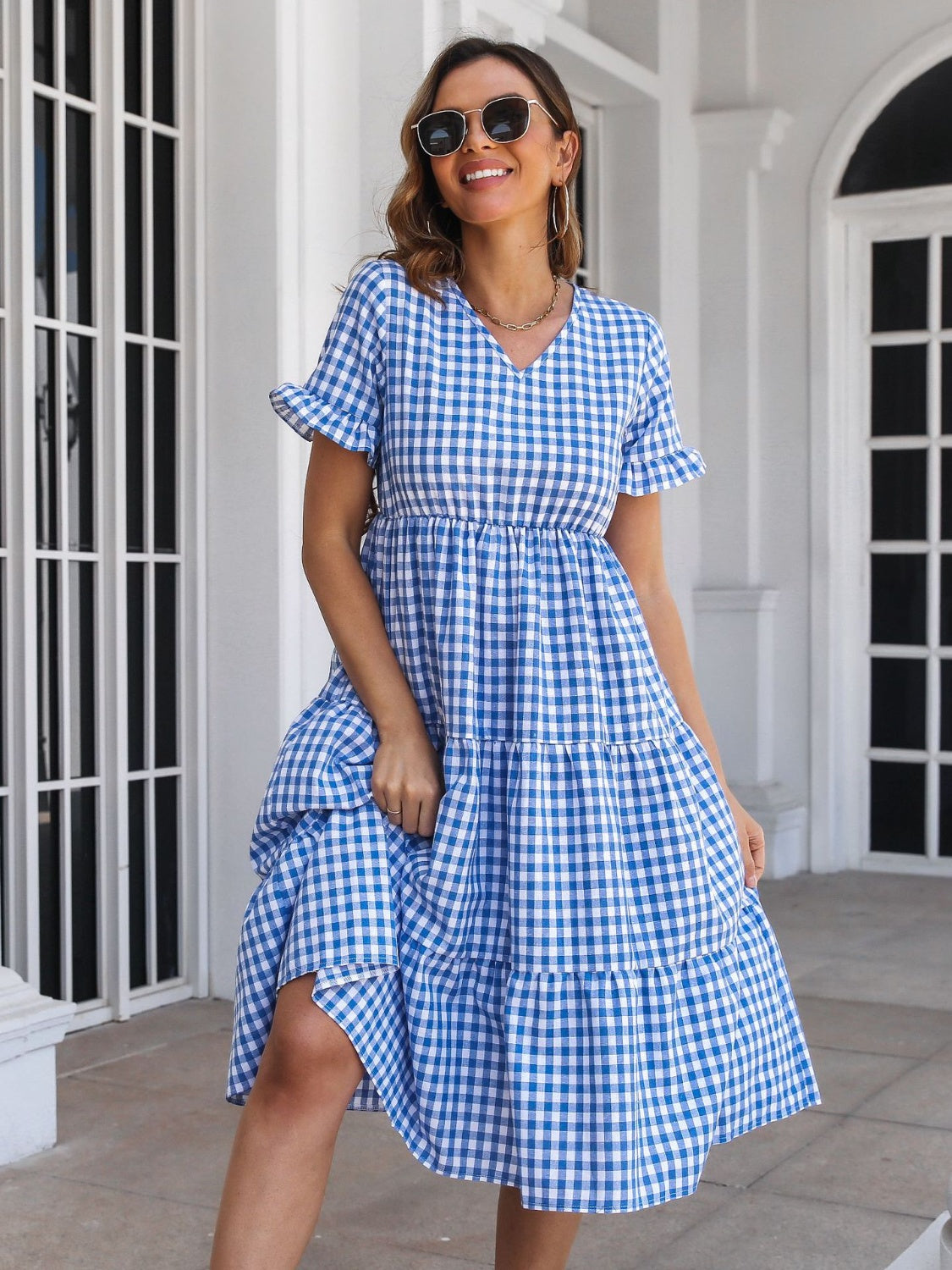 Wholesale MOQ6 Plaid V-Neck Short Sleeve Midi Dress Wholesale MOQ6 Plaid V-Neck Short Sleeve Midi Dress