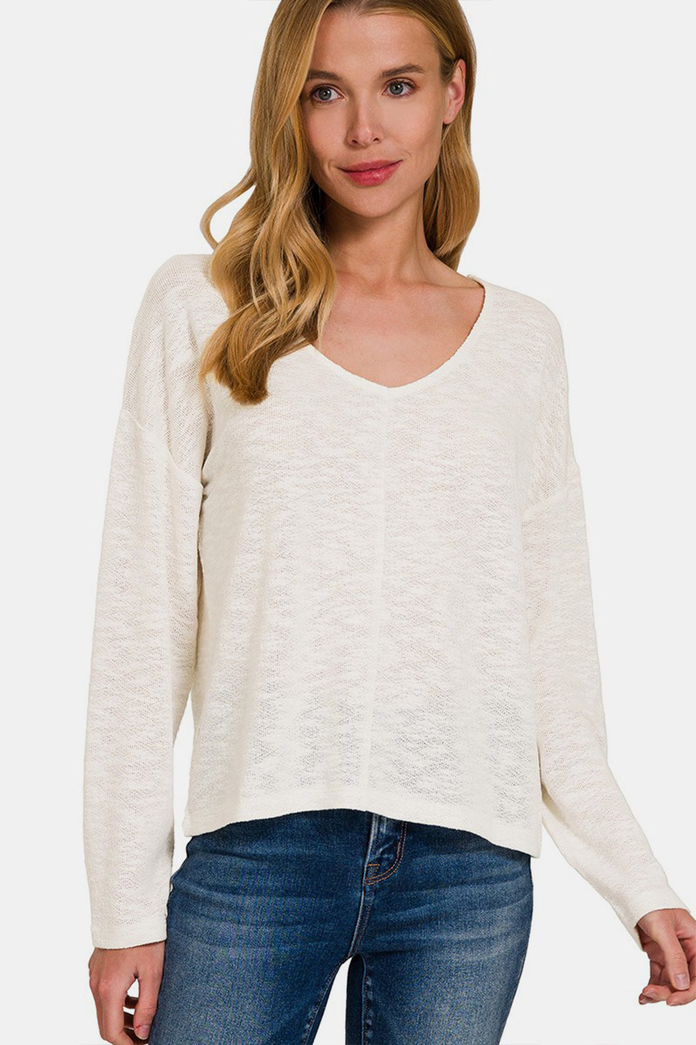 Zenana V-Neck Dropped Shoulder Long Sleeve T-Shirt - Charming Charlie