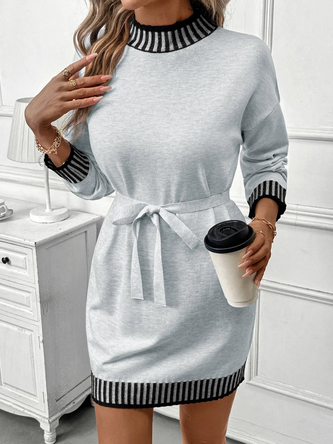 Striped Trim Tie Waist Sweater Dress Light Gray / M