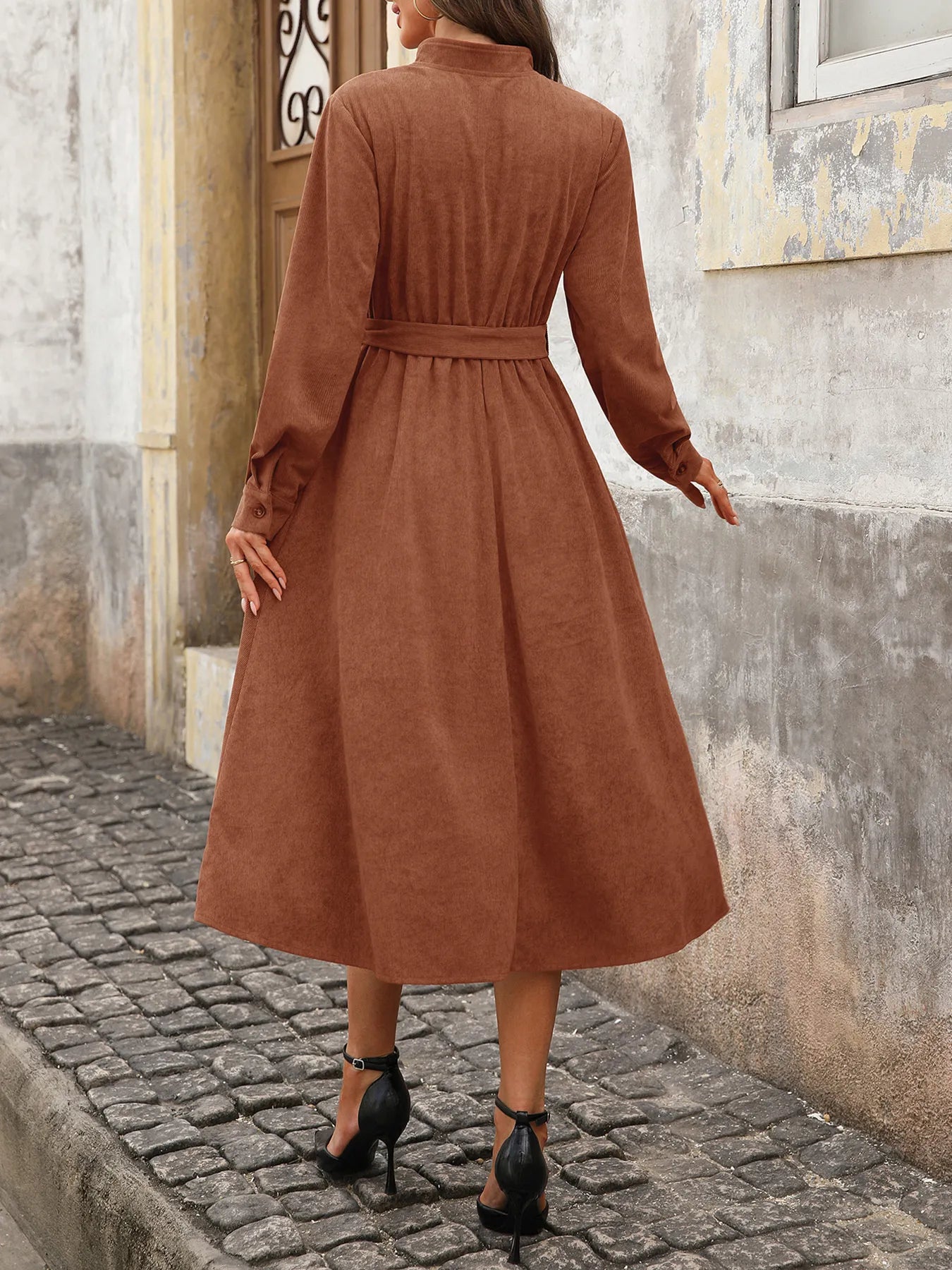 Long Sleeve Button Front Belted Midi Dress Brown / L