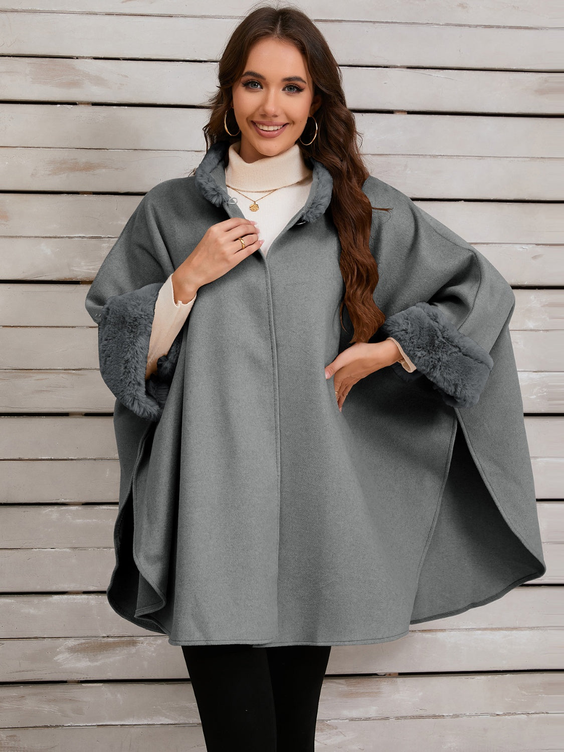 Fuzzy Trim Long Sleeve Poncho – Charming Charlie