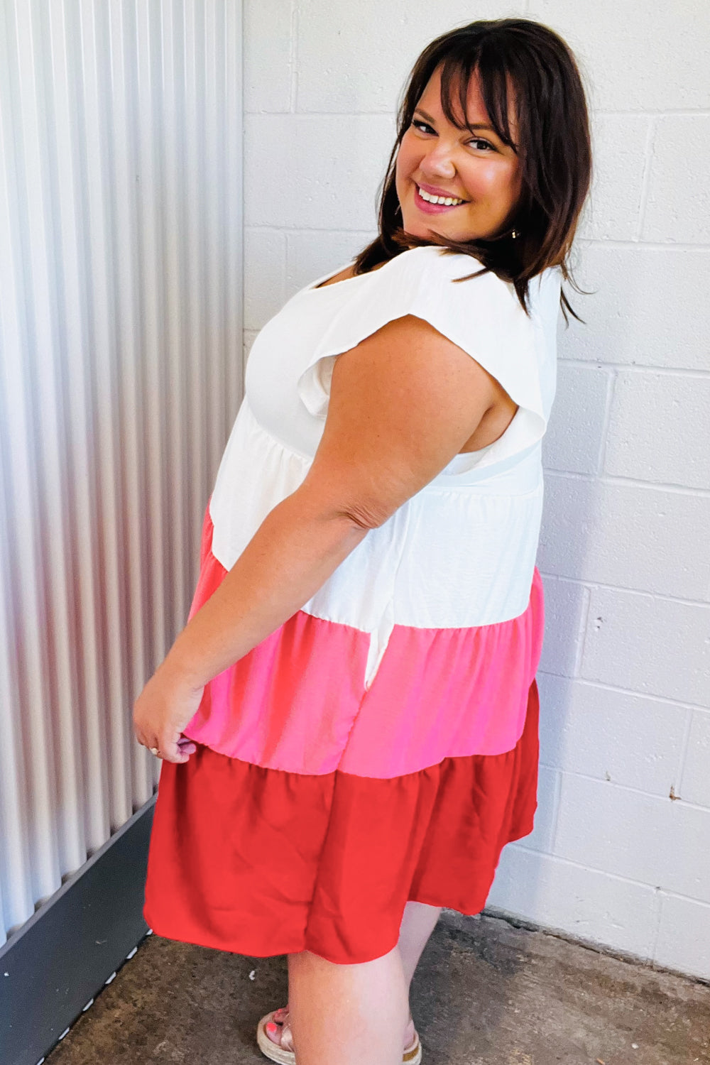 Peach & Cherry Red Tiered Frill Sleeve Midi Dress - Charming Charlie