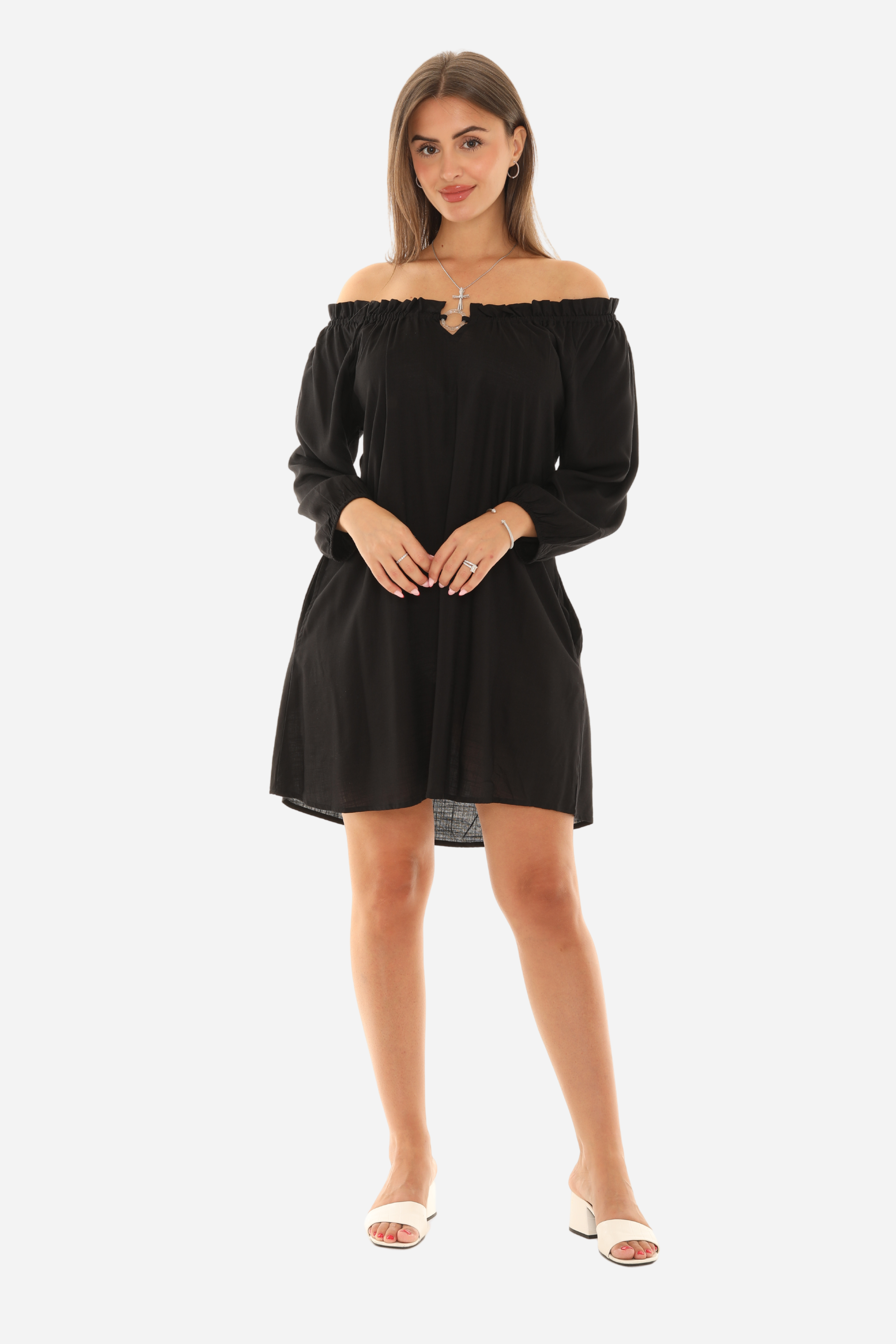 Black Notch Neck Smocked-Neck Shift Dress