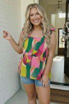 Abstract Print Ruffle Sleeve Babydoll Top - Charming Charlie