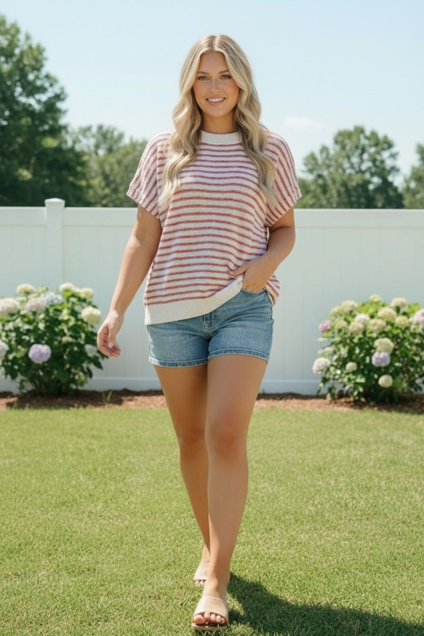 Breezy Stripe Knit Top in Ivory and Red - Charming Charlie