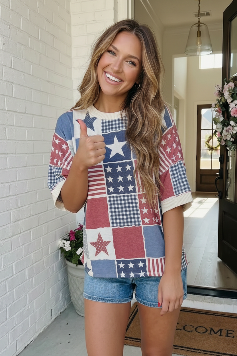Stars and Stripes Patchwork Oversized Top - Charming Charlie