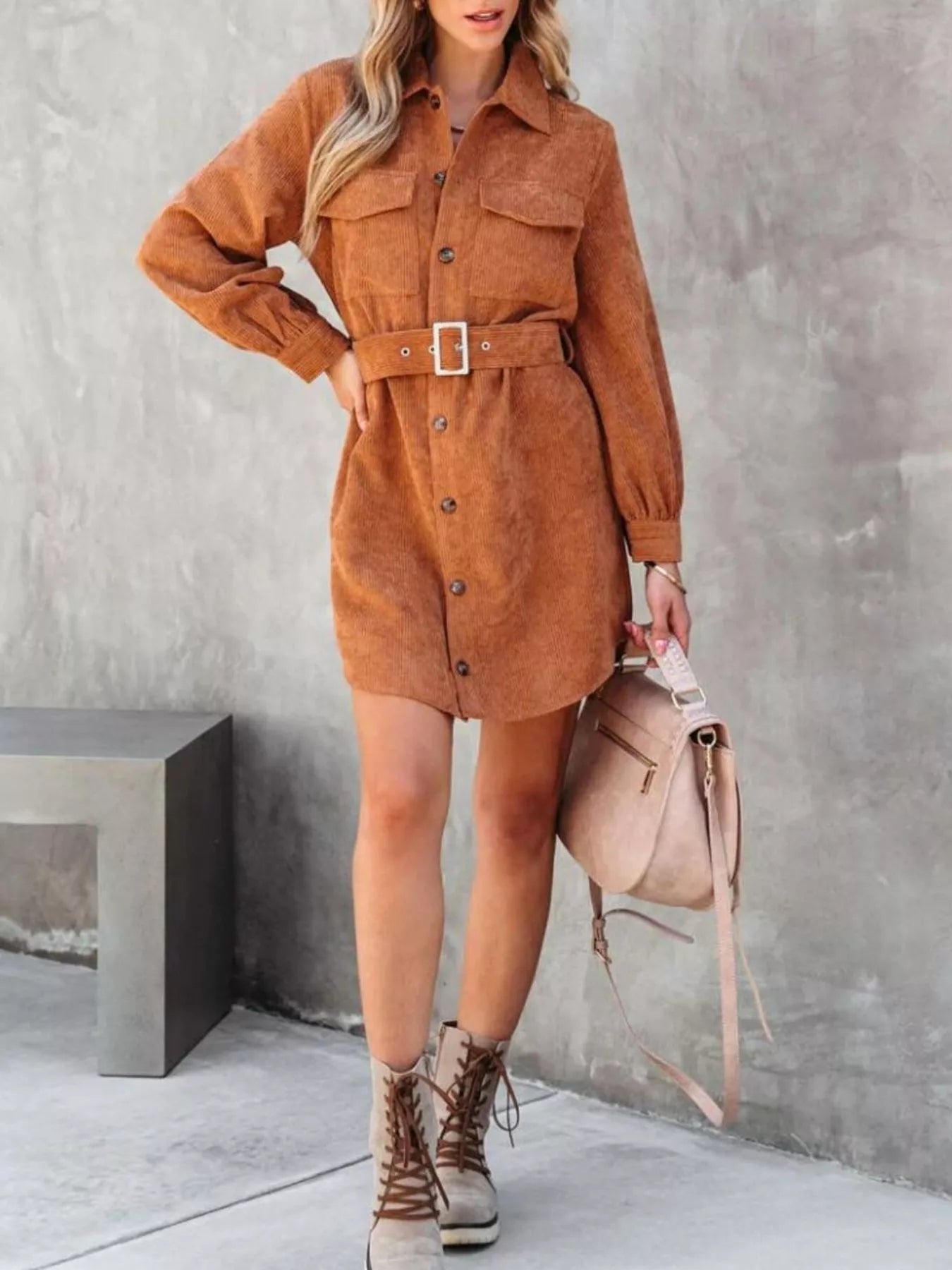 chinese dress ladies LifeShe Corduroy Shift Dress for Women Long Sleeve Button Down Lapel V Neck  Midi Dress Brown at Amazon Women's Clothing store main image 0