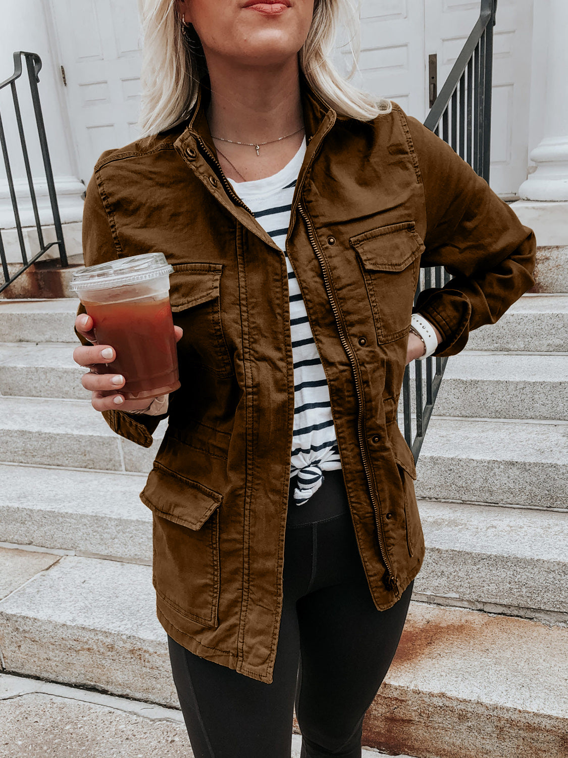 Pocketed Long Sleeve Zip Up Jacket - Charming Charlie