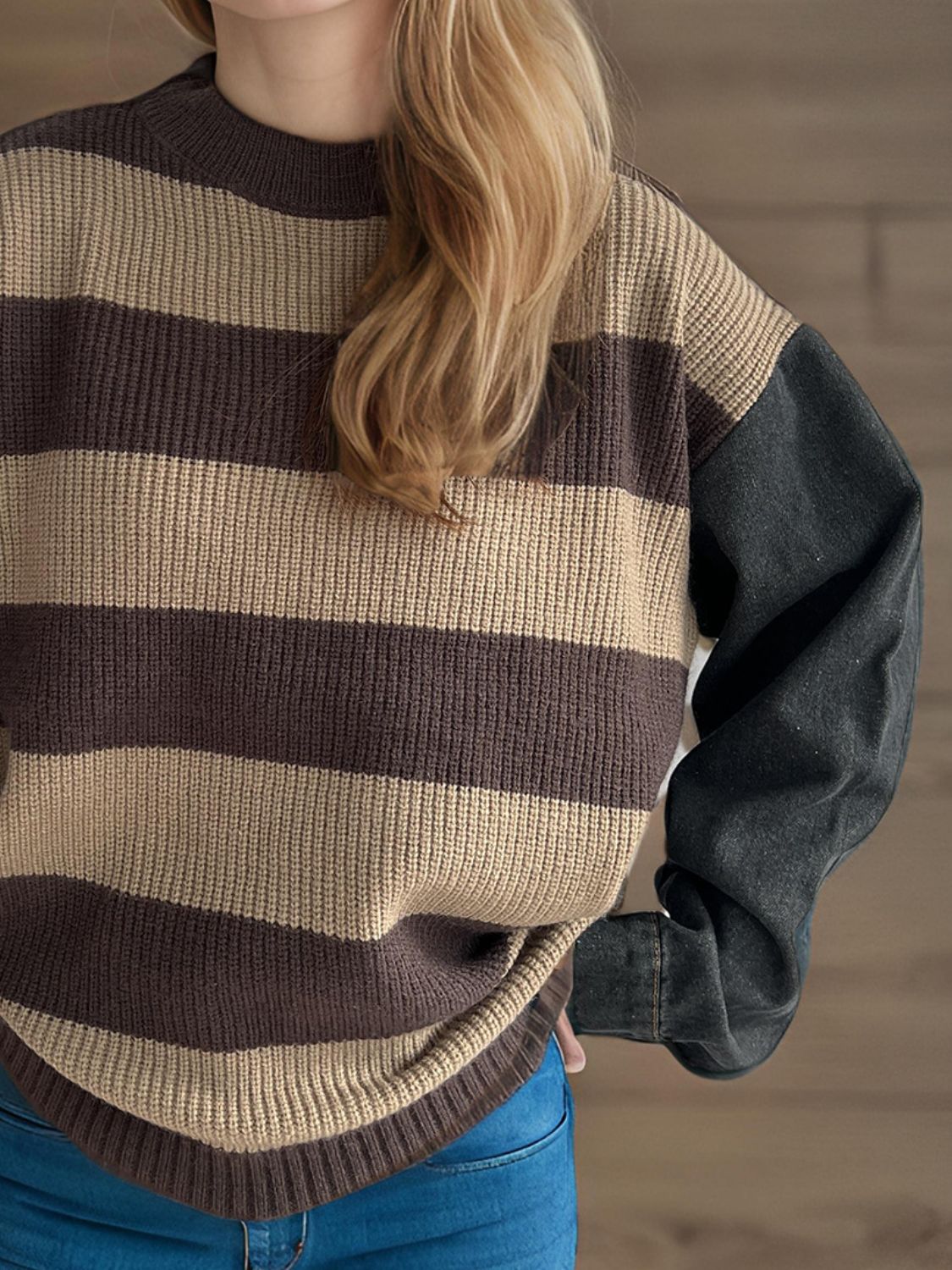 Contrast Round Neck Long Sleeve Sweater - Charming Charlie