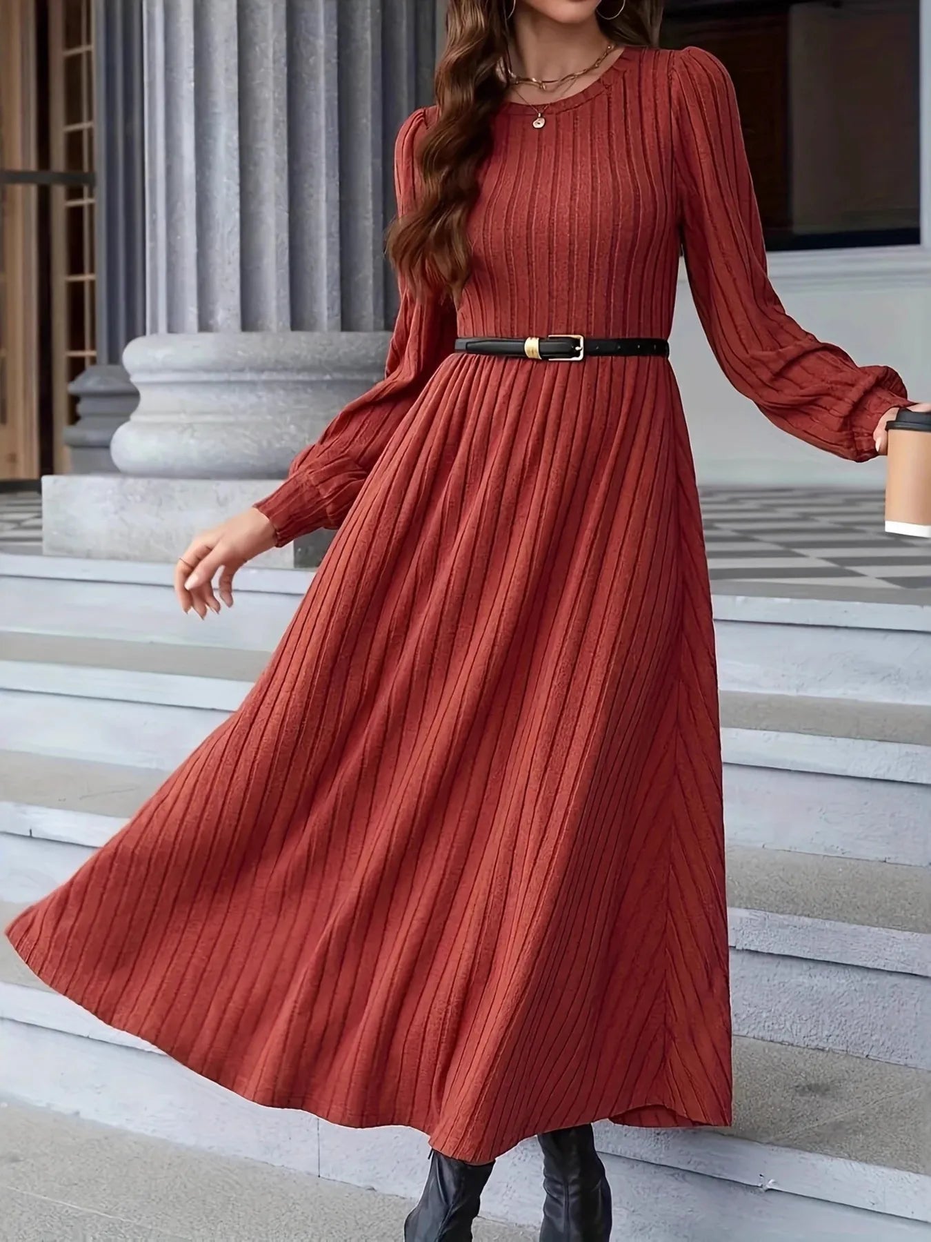 Ribbed Long Sleeve Sweater Dress Rust / M