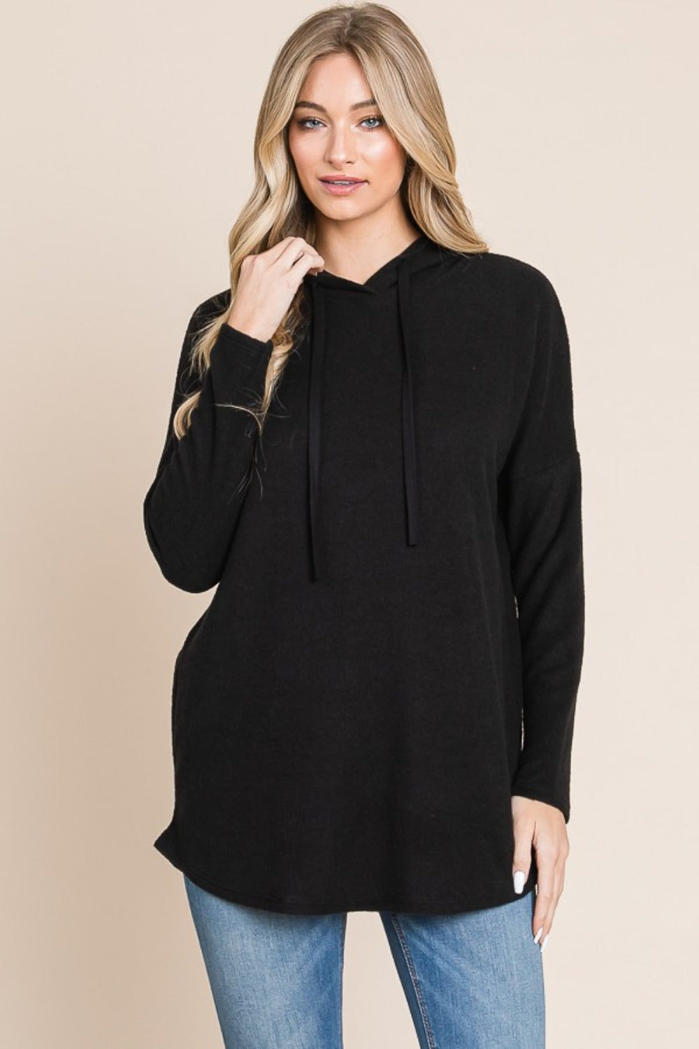 BOMBOM Contrast Drawstring Drop Shoulder Knit Hoodie - Charming Charlie