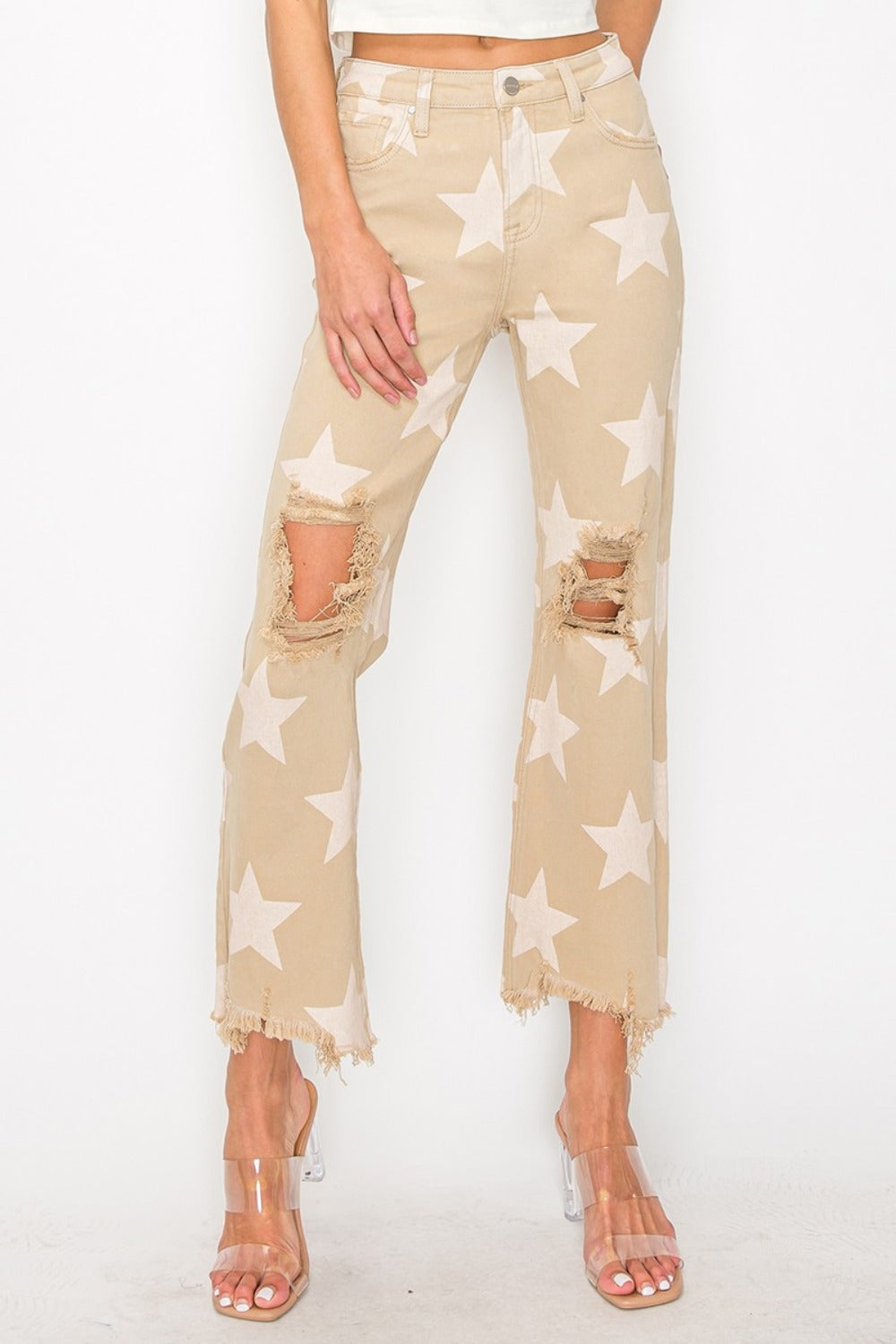 RISEN Full Size High Rise Star Printed Frayed Hem Jeans - Charming Charlie