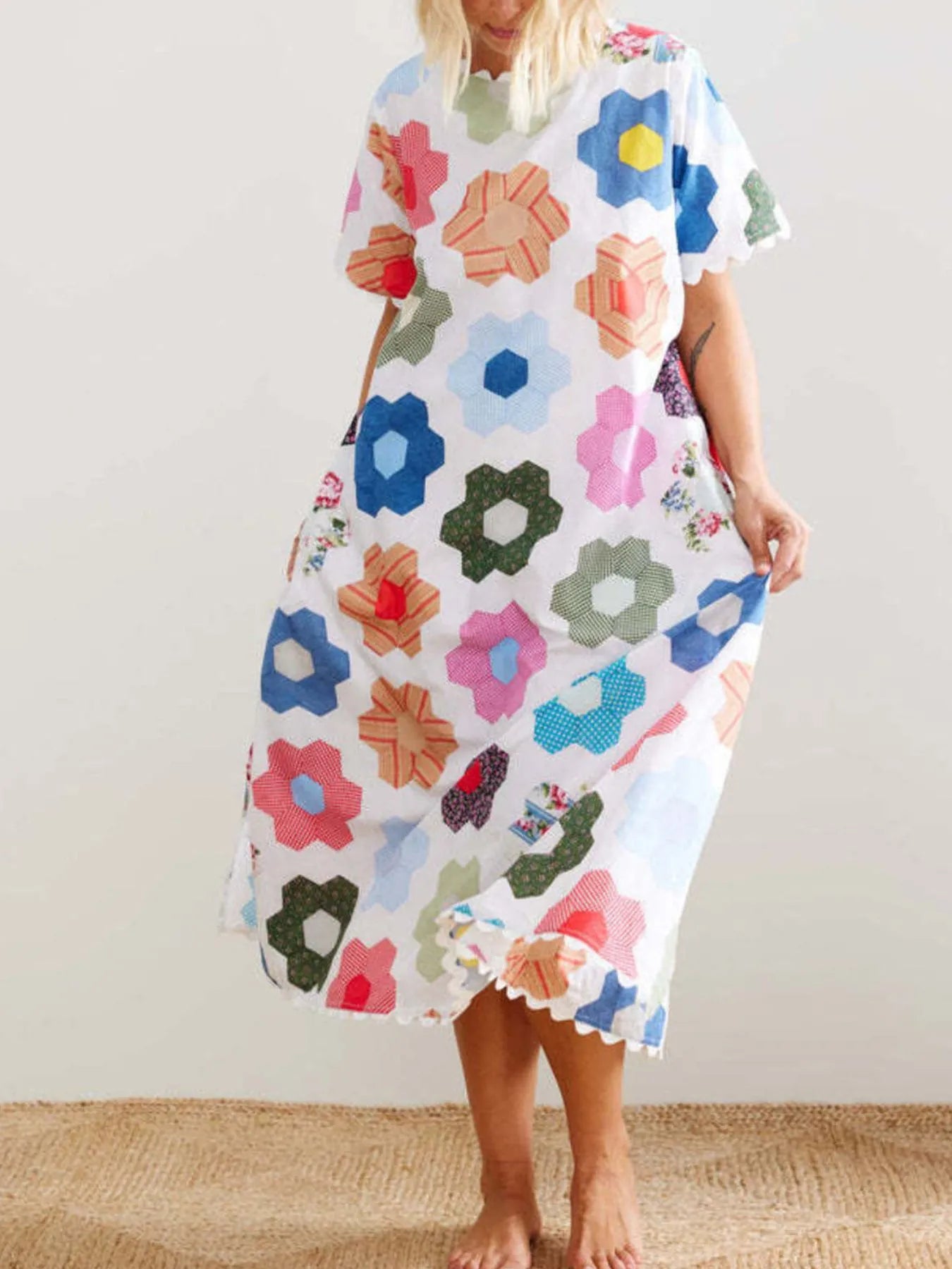 scalloped edge midi dress Floral Print Midi Dress with Scalloped Edges White / L