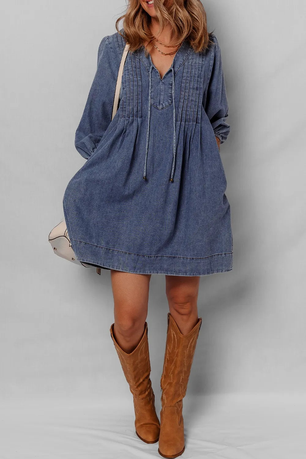 fitted lace wedding dress CINCH ME UP LONG SLEEVE DENIM MINI DRESS – AKIRA main image 0