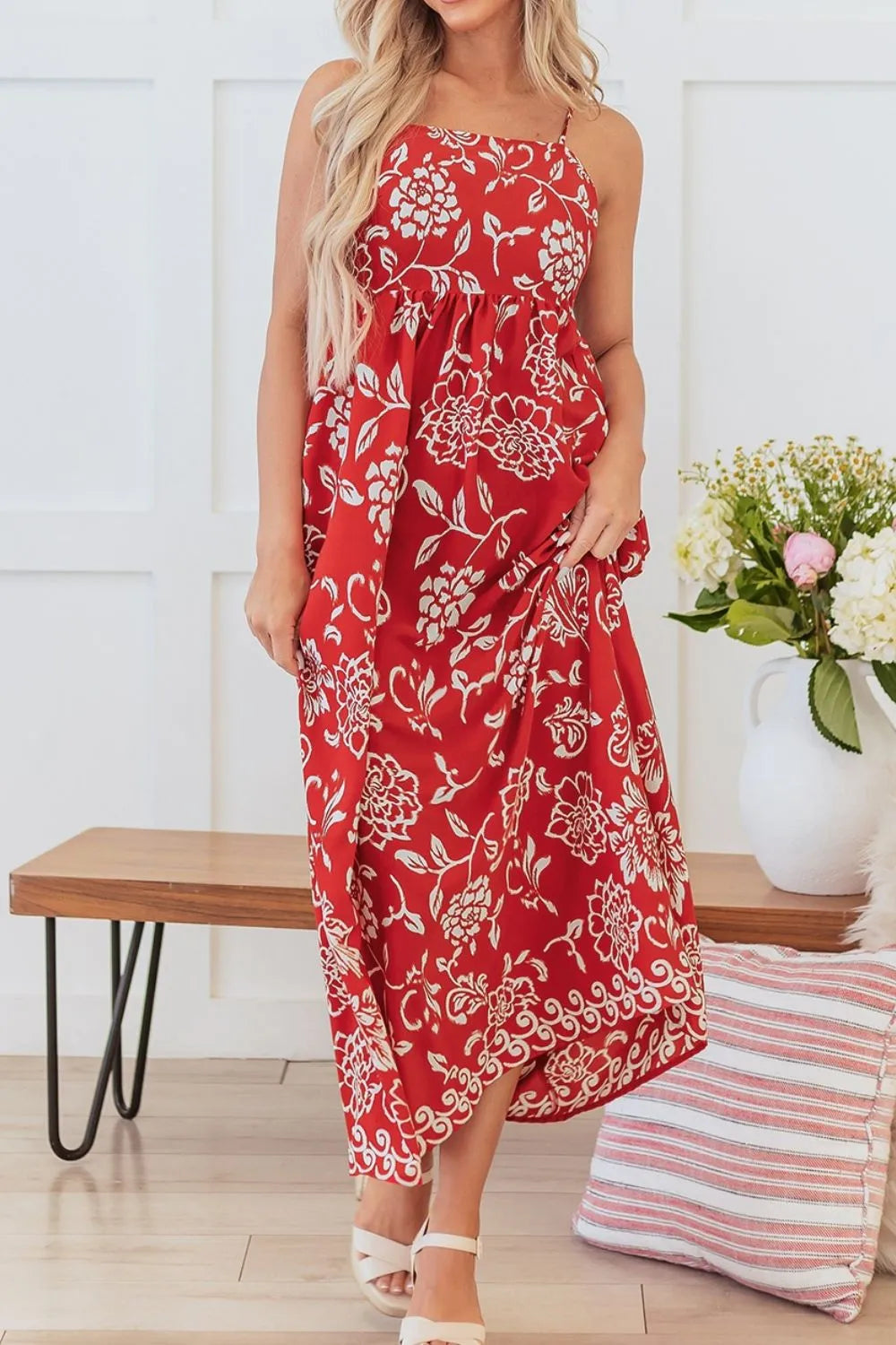 Floral Printed Spaghetti Strap Empire Waist Maxi Dress Red / M Floral Printed Spaghetti Strap Empire Waist Maxi Dress Red / M