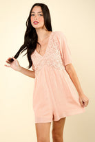 VERY J Lace Detail Puff Sleeve Romper with Pockets - Charming Charlie