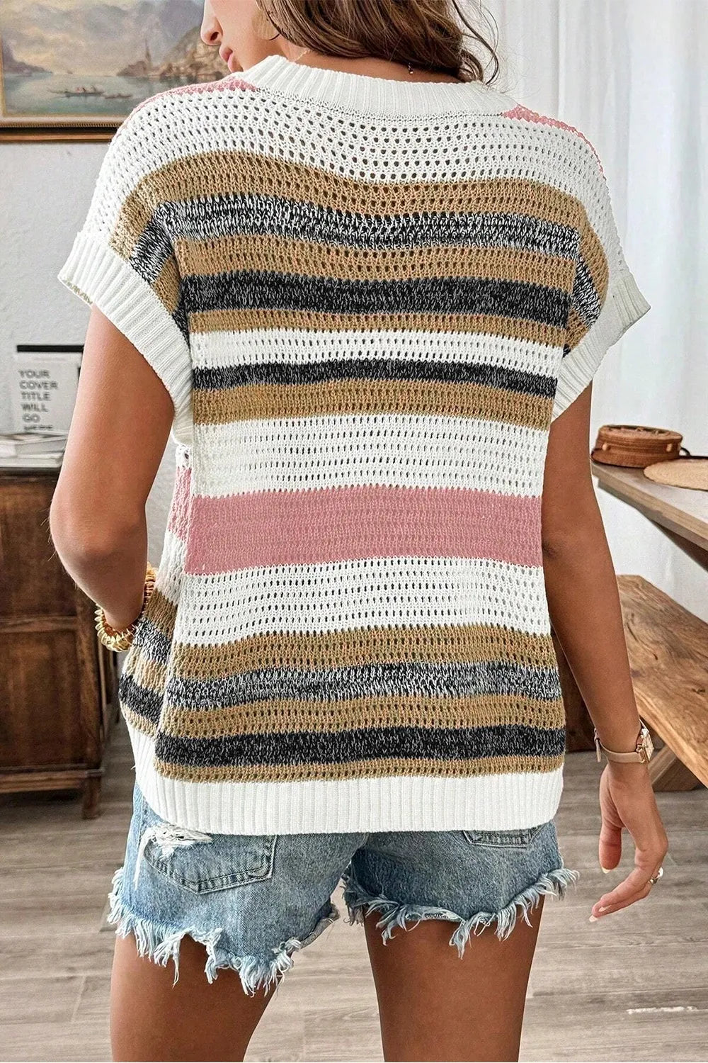Knitted Eyelet Colorblock Striped Half Sleeves Top main image 0