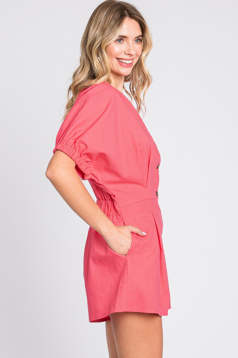 GeeGee Half Button V-Neck Linen Romper - Charming Charlie