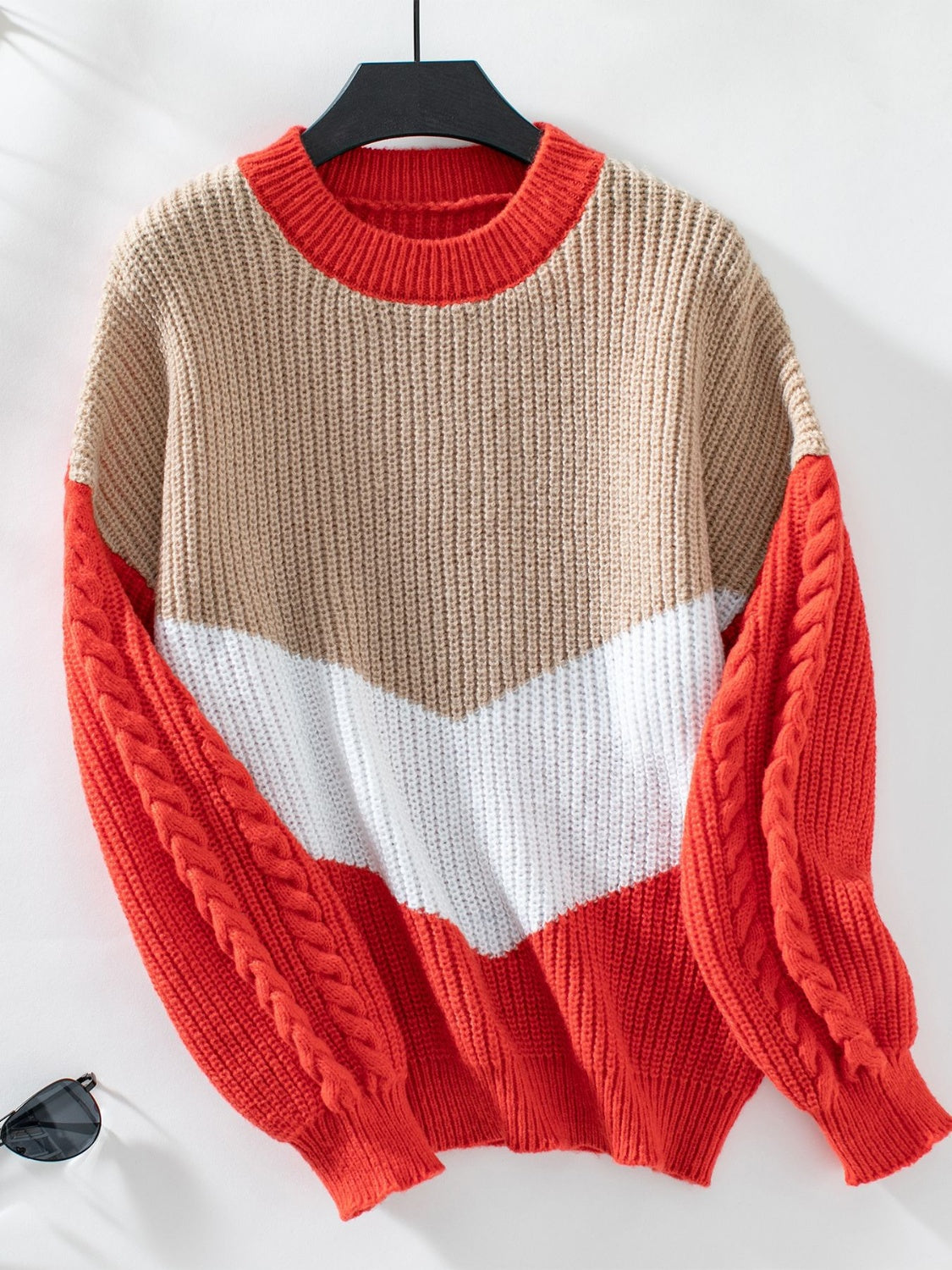 Contrast Round Neck Long Sleeve Sweater - Charming Charlie