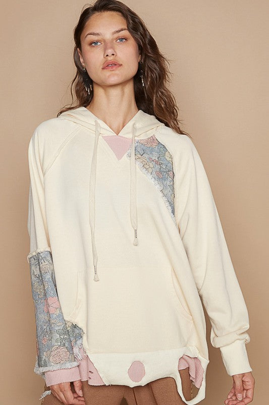 POL Floral Patchwork Distressed Drawstring Hoodie - Charming Charlie